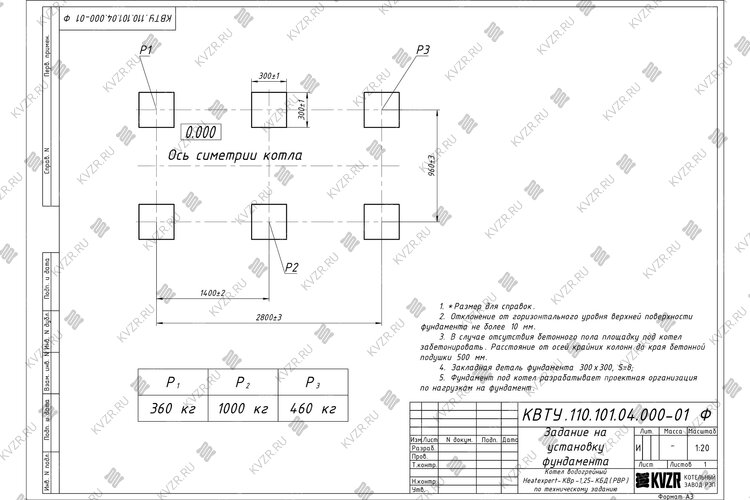 Котел на угле дровах 1.25 МВт с ОУР фундамент