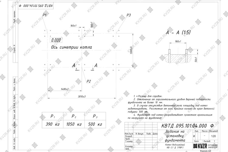 Чертеж фундамента котла на дровах 1100 кВт с ОУР