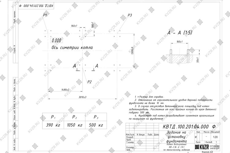 Чертеж фундамента котла на дровах 1.16 МВт с колосниками
