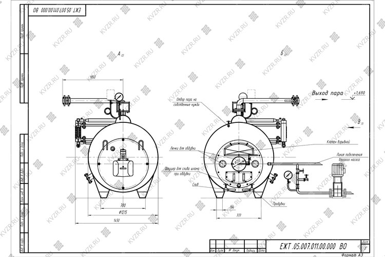 Чертеж парогенератора 500 кг в час на отработанном масле